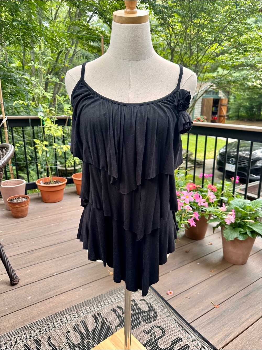 Pink Rose Black Tiered Ruffle Spaghetti Strap Camisole